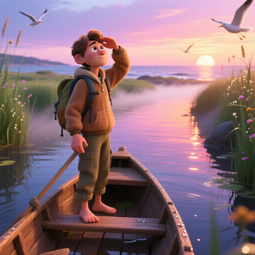 A solo hiker pausing to rest stands on a small boat gliding through a quiet canal, watching the sun rise over the horizon. A sense of wonder and freedom fills the moment, with the scent of salt air carried on the wind.