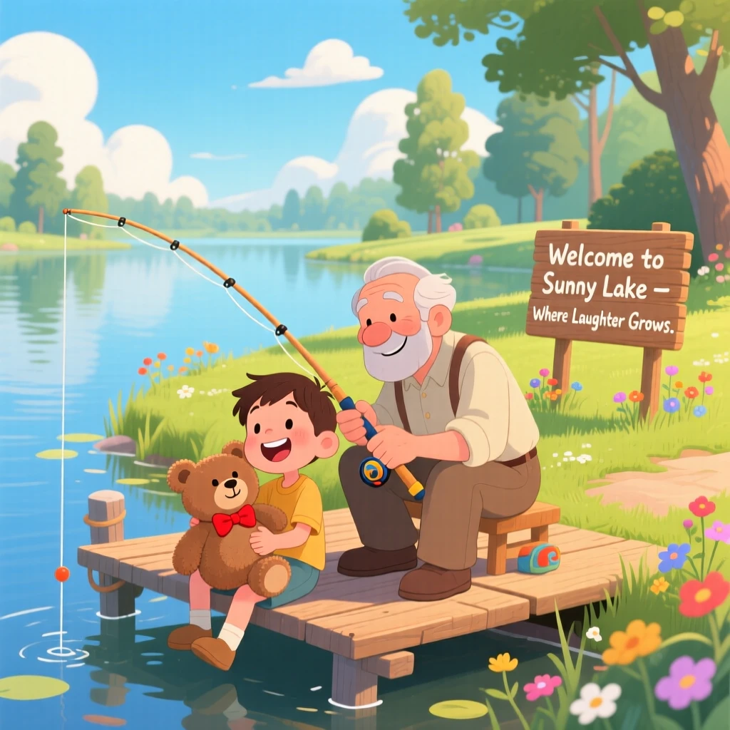 A boy clutching a stuffed bear and his kind uncle are fishing together at a quiet lake, with laughter echoing through the yard.