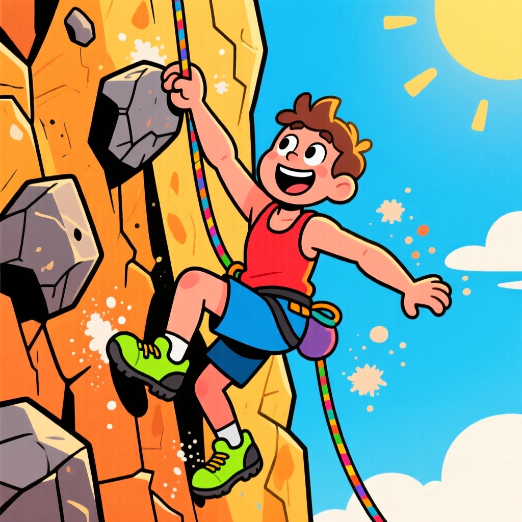 A rock climber reaching for the next hold on a sunlit cliff face.