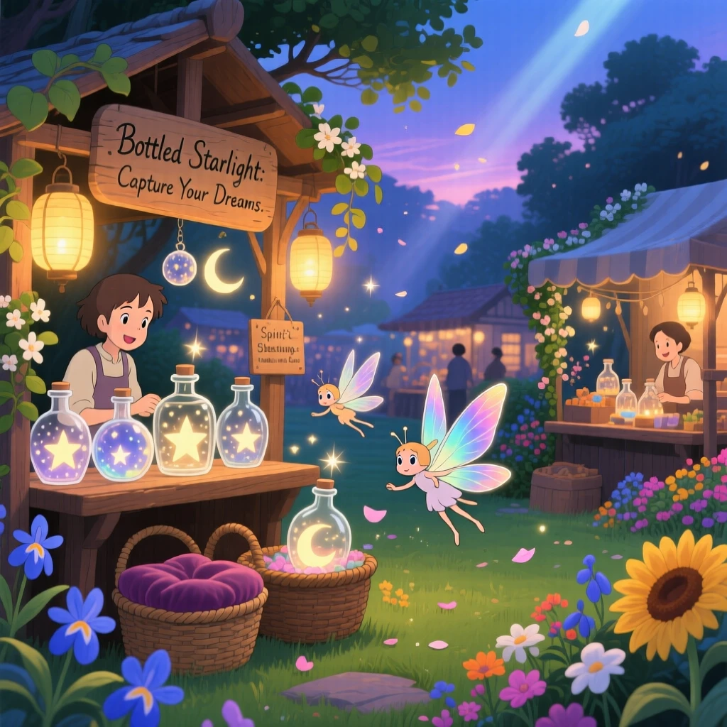 A market where merchants sell bottled starlight, where tiny winged spirits darting between the flowers can be seen nearby, the atmosphere dreamlike and inviting.