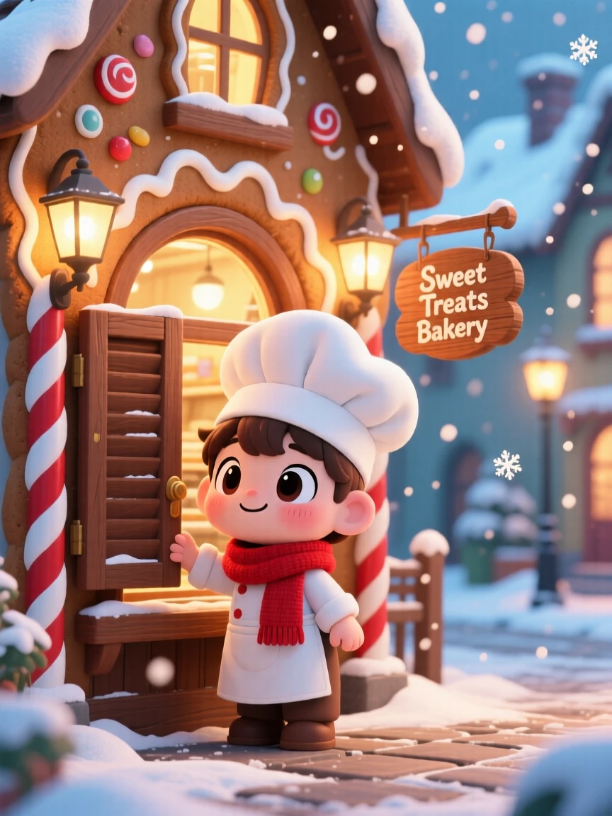 In a cozy storybook village square, a little baker is opening the shutters of a gingerbread-shaped shop during a cozy winter snowfall, bathed in warm lamplight, expression full of brave confidence. Shot as an extreme close-up.