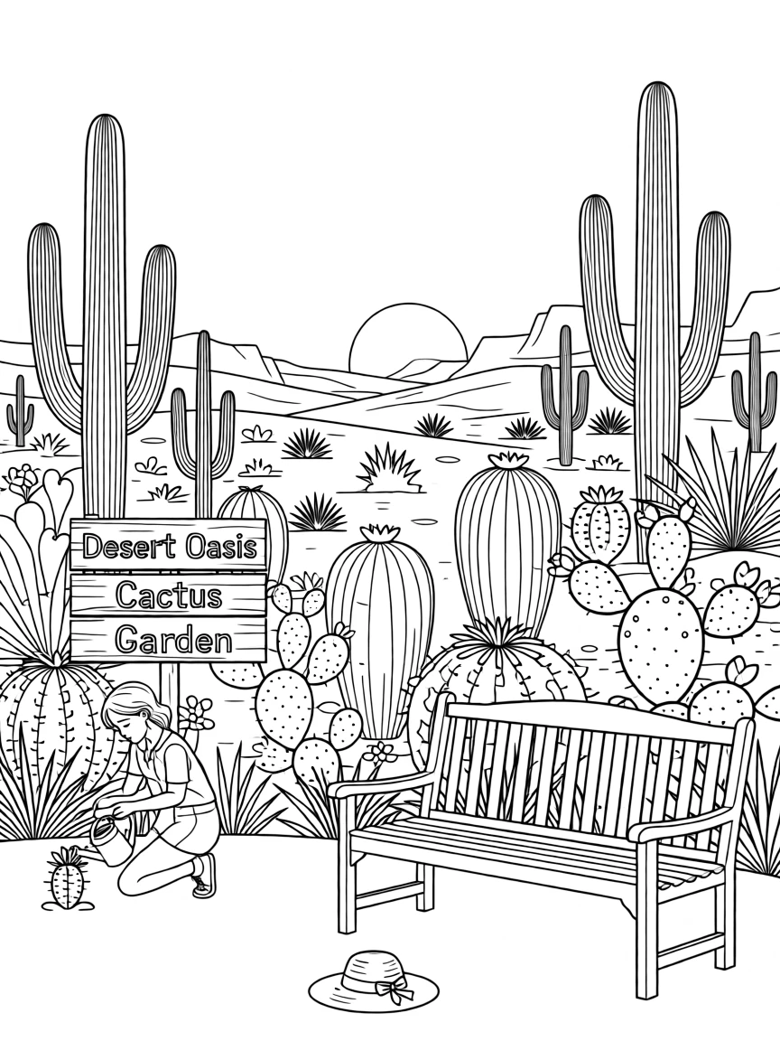 A cactus garden under a desert sunset, with tiny water droplets clinging to every leaf.