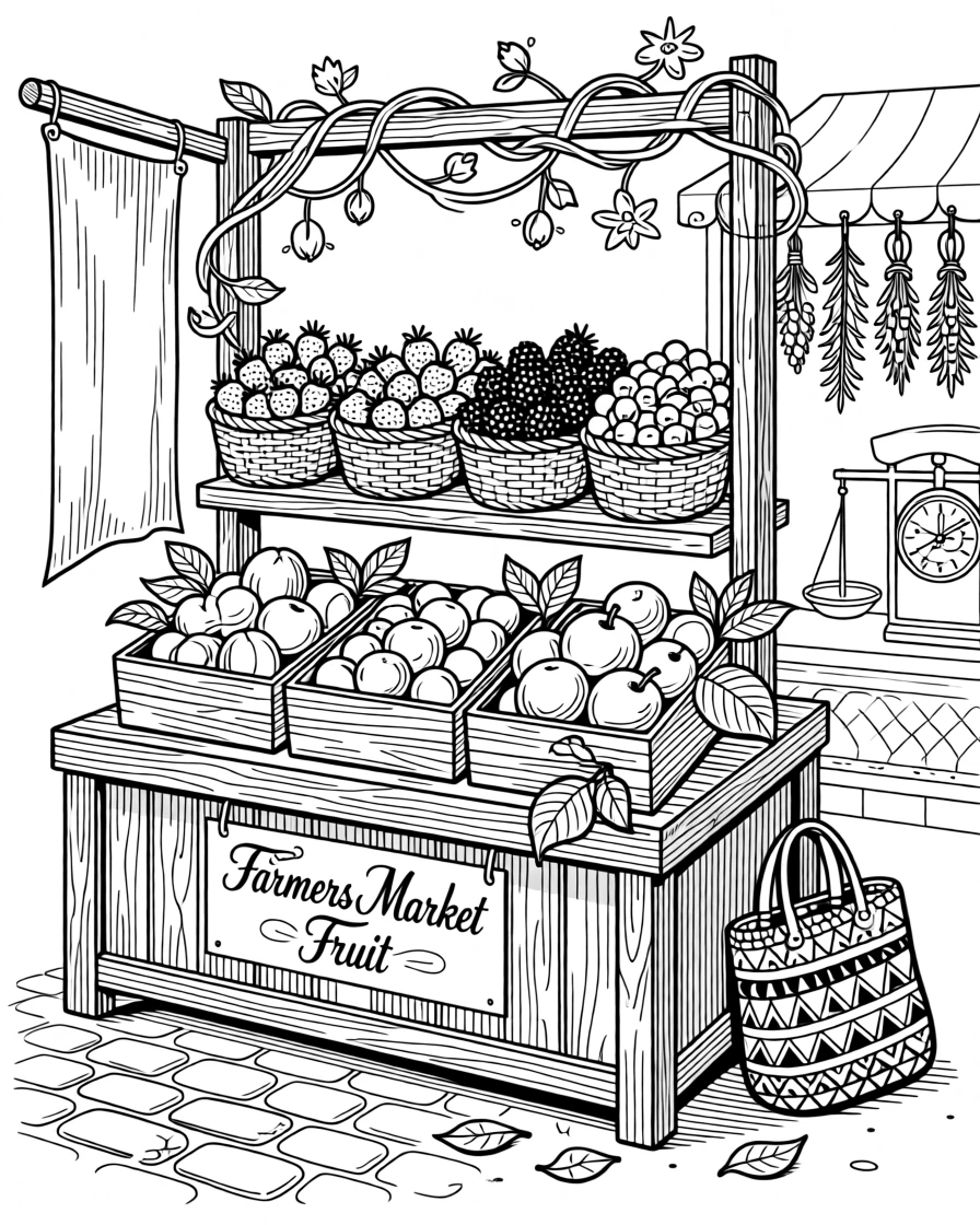 A farmers market fruit stand overflowing with berries and stone fruit.