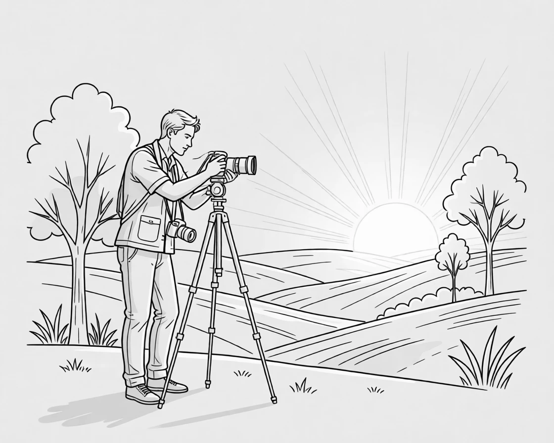 A photographer capturing a landscape at golden hour