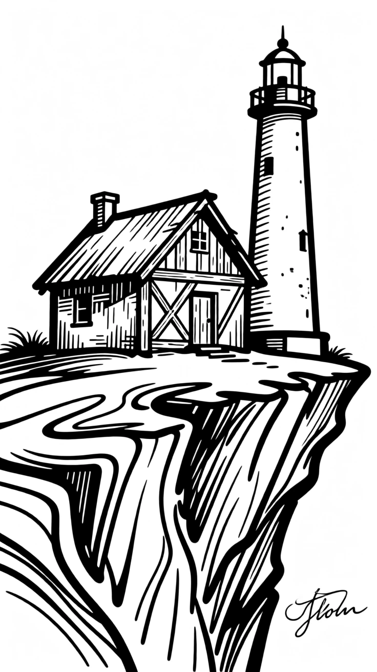 A rustic lighthouse keeper's cottage on a windswept cliff.