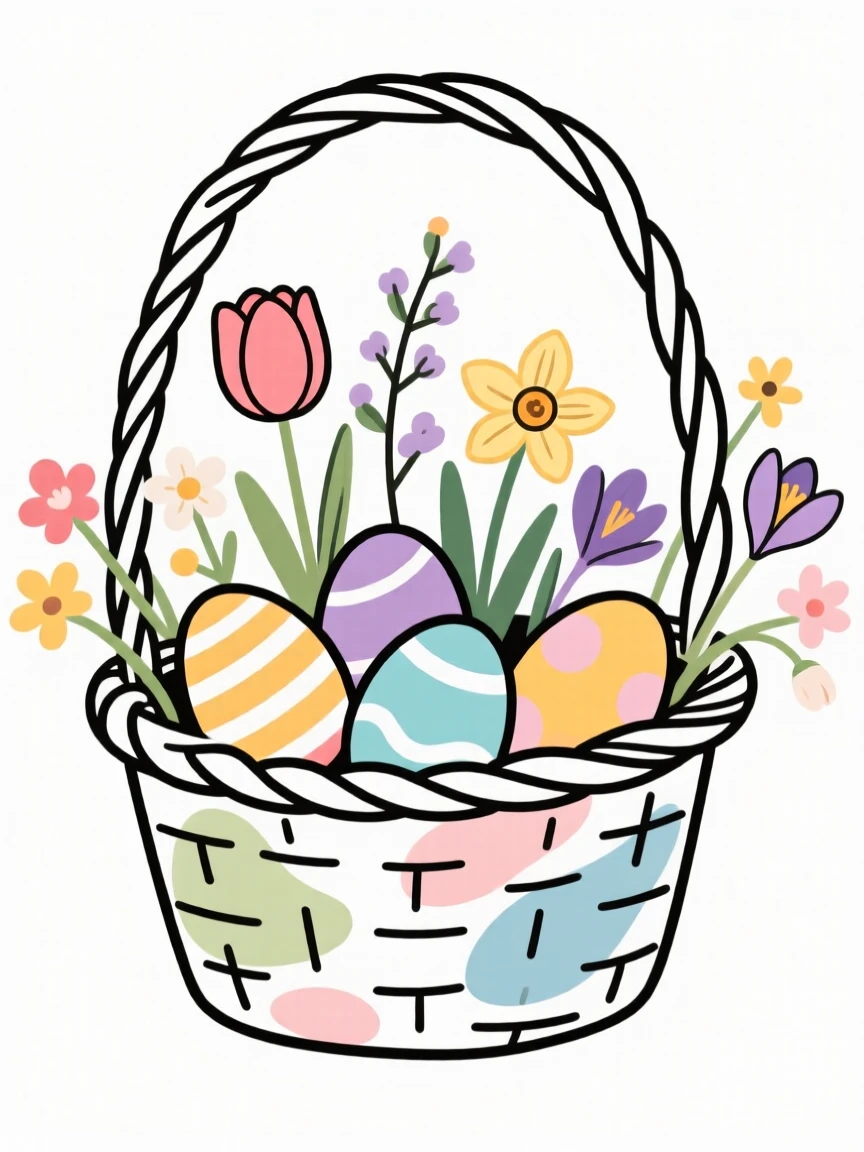 A basket of colorful Easter eggs hidden among spring flowers.