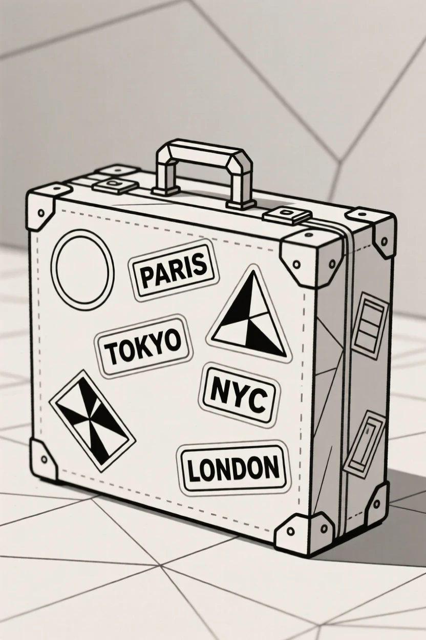 A vintage suitcase covered in travel stickers