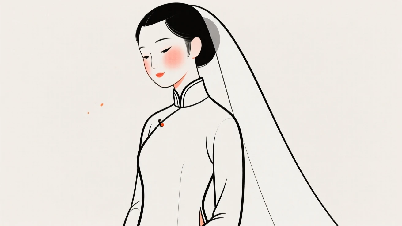 A bride wearing a Vietnamese ao dai, resting in calm stillness.