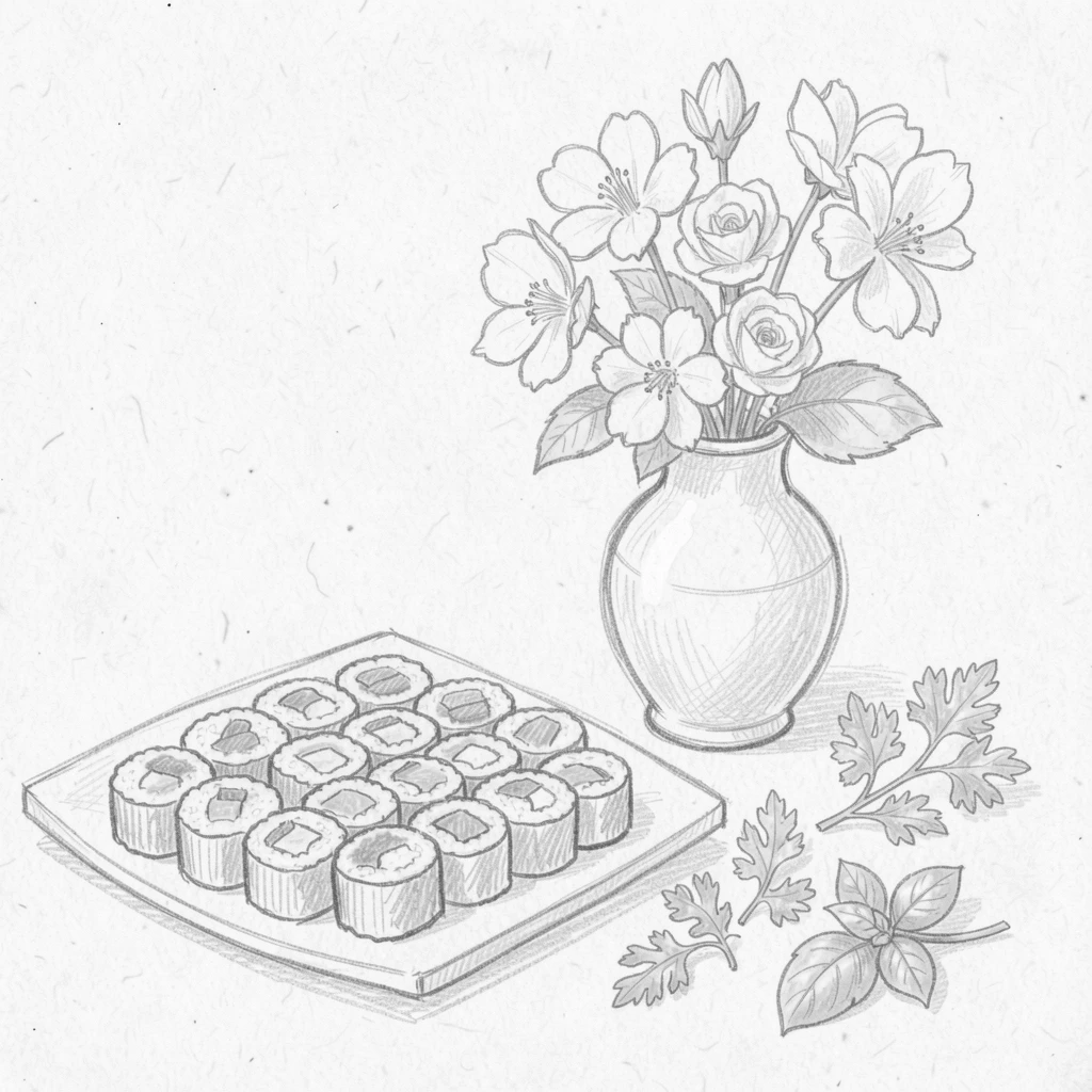 A cozy food scene featuring a platter of colorful sushi rolls beside fresh flowers in a vase, with fresh herbs scattered nearby.
