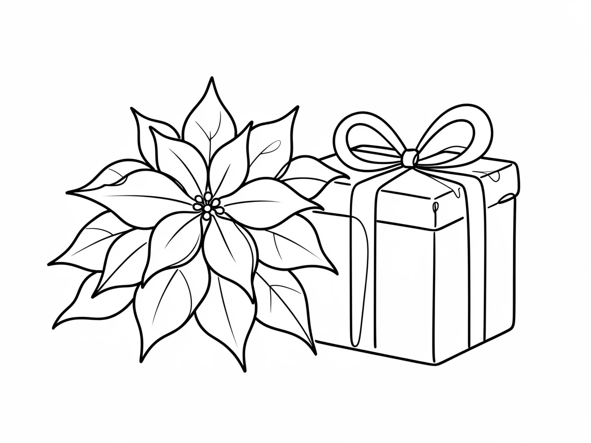 A cluster of poinsettias arranged beside a wrapped holiday gift
