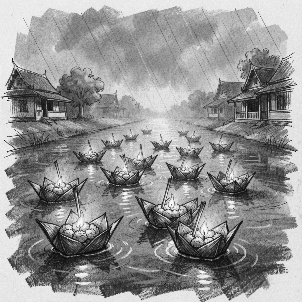 A Thai Loy Krathong festival with floating lantern baskets on a river, as gentle rain patters down around them.