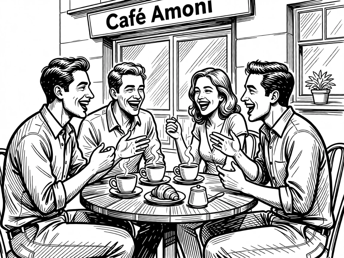 A group of friends laughing together over coffee at a small café table.