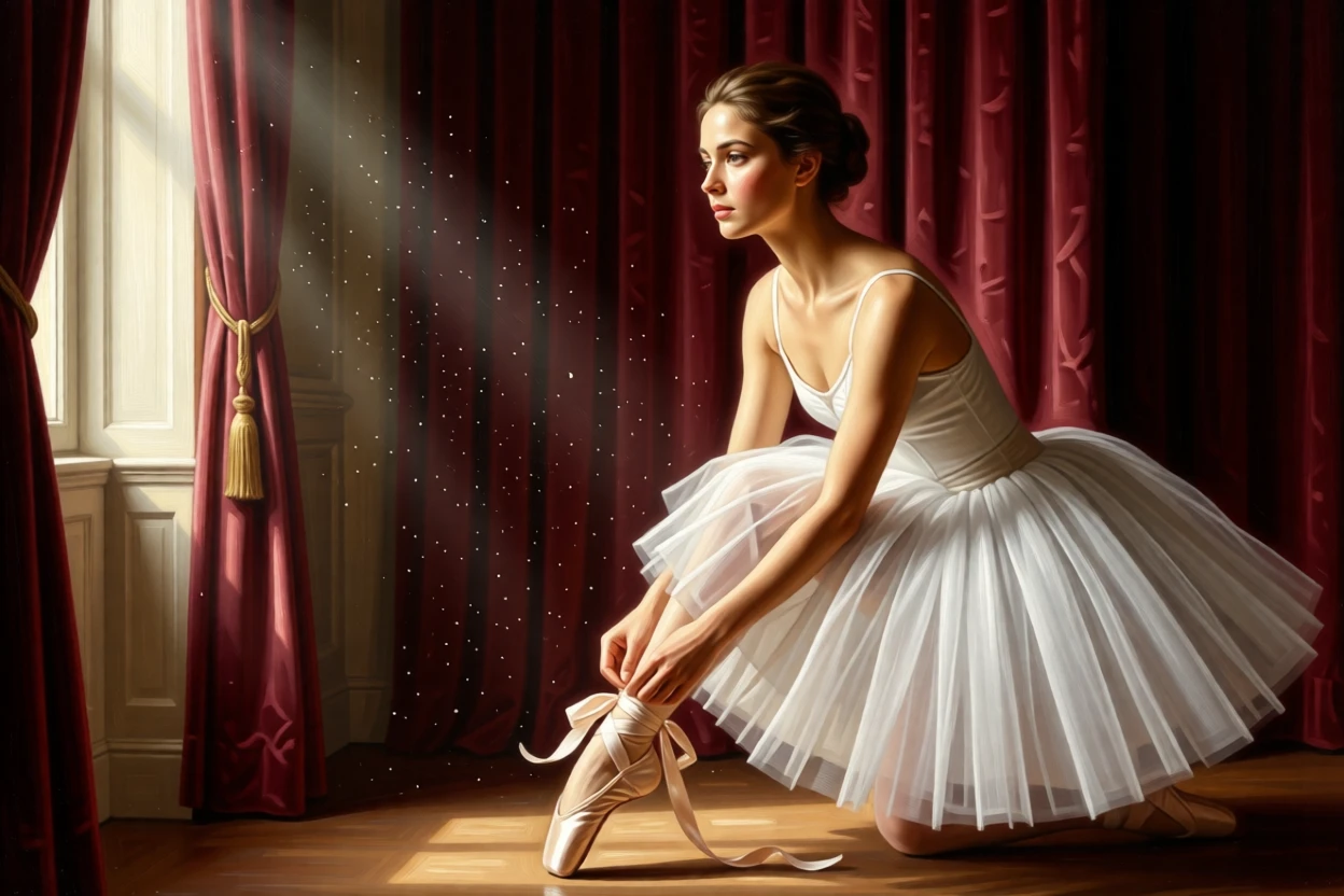 A ballerina adjusting her slipper before stepping onto the stage turning slightly toward a soft, unseen light, set in a sunlit drawing room with heavy velvet curtains, with dust motes drifting visibly in a beam of window light; the hands are given equal storytelling weight alongside the face, evoking tenderness, memory, and unspoken emotion.