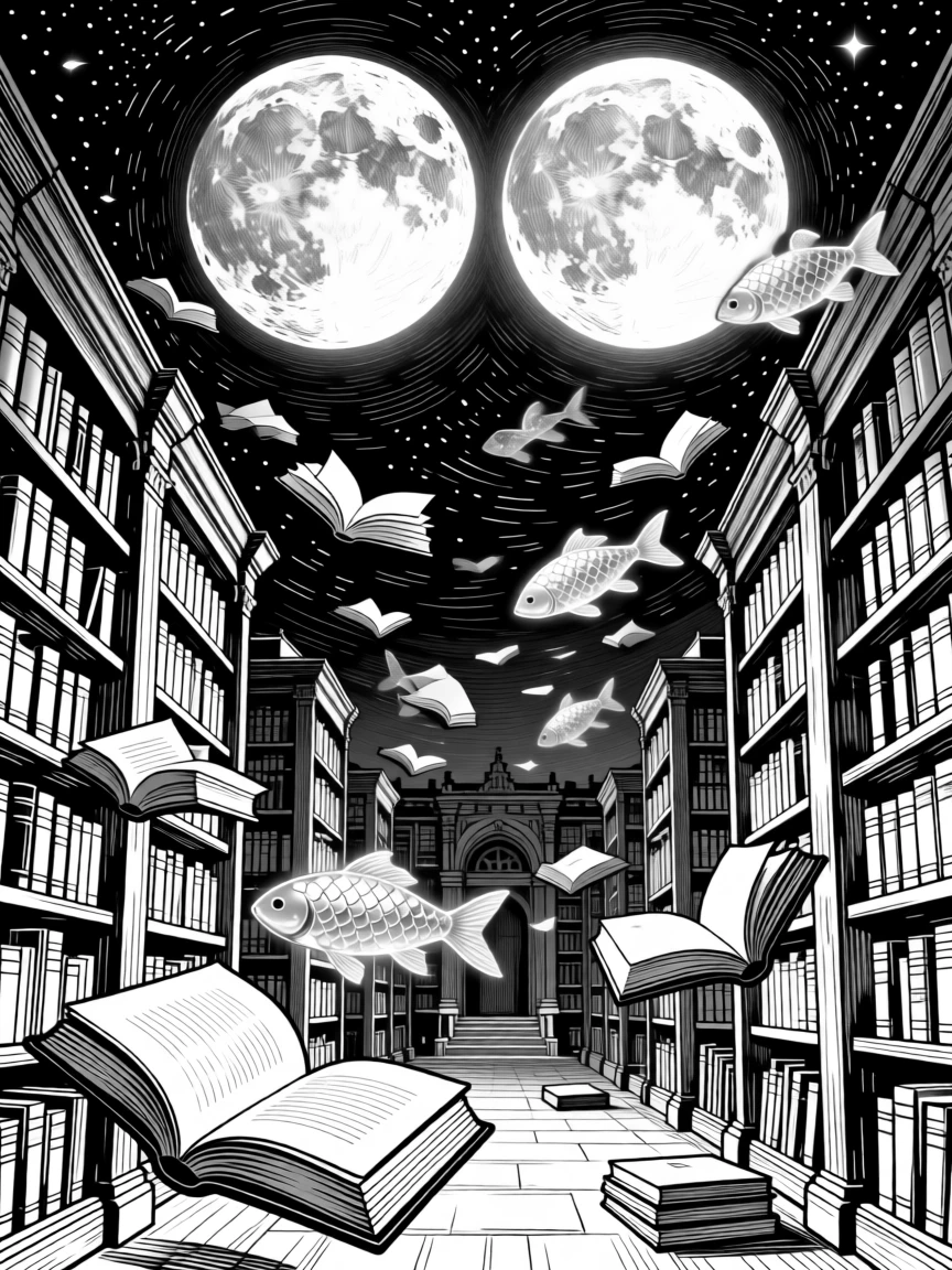 A library filled with floating books beneath a sky filled with twin moons, with delicate scales catching the moonlight, forming a majestic and mythical fantasy scene.