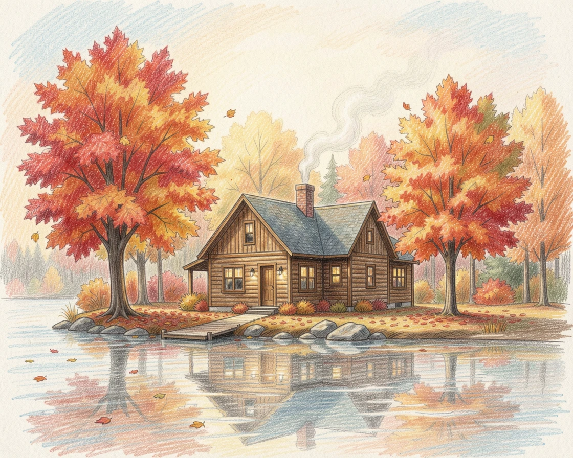 A Canadian lakeside cabin surrounded by blazing autumn maples, set against a softly lit, atmospheric backdrop, designed to feel inviting, memorable, and shareable.