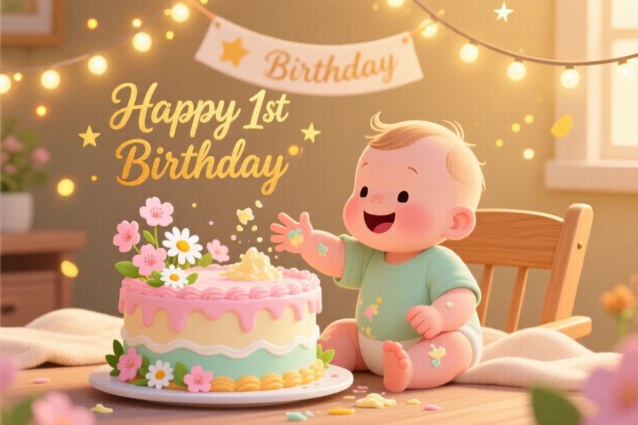 A cheerful baby's first birthday smash cake celebration, decorated with seasonal flowers and warm lighting, composed with a warm golden glow throughout, with warm twinkling lights adding a magical sparkle.