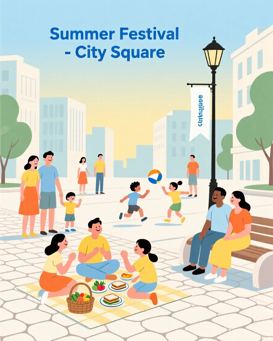 A summer scene of families gathering in a city square.