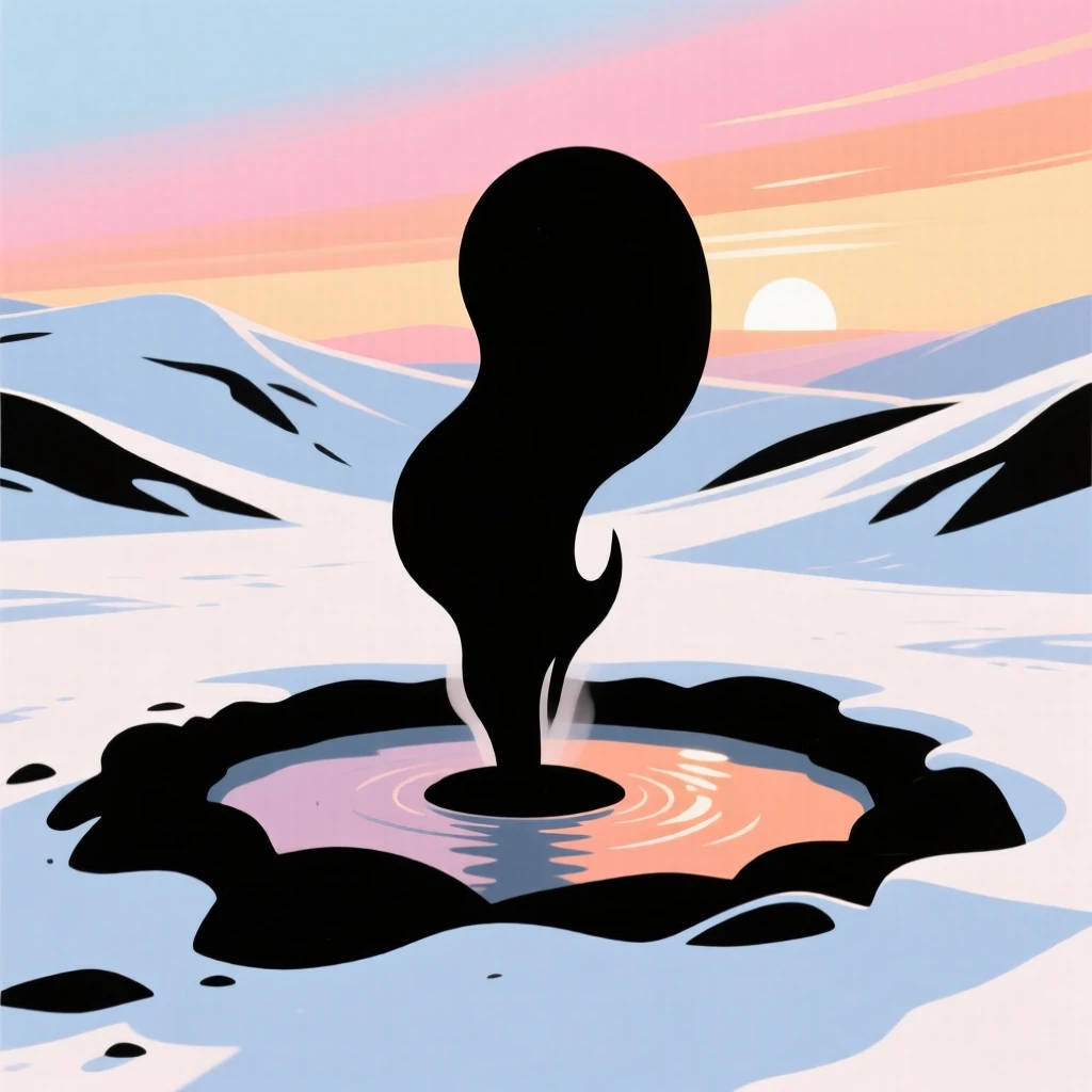 A single hot spring steaming in the middle of a snow-covered valley.