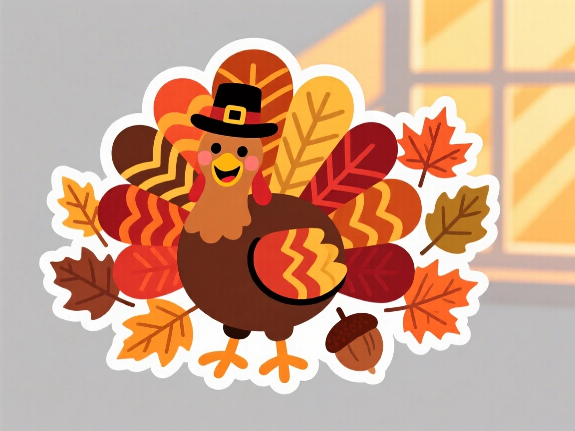 A cheerfully decorated turkey-shaped centerpiece surrounded by autumn leaves, with warm light spilling from nearby windows, during a beloved yearly tradition.