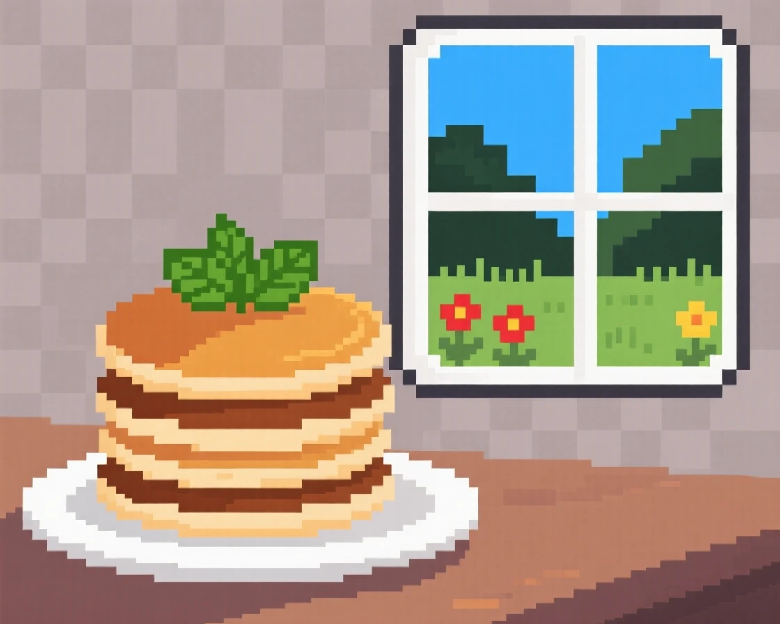 A stack of fluffy pancakes decorated with a sprig of mint, beside an open window overlooking a garden.