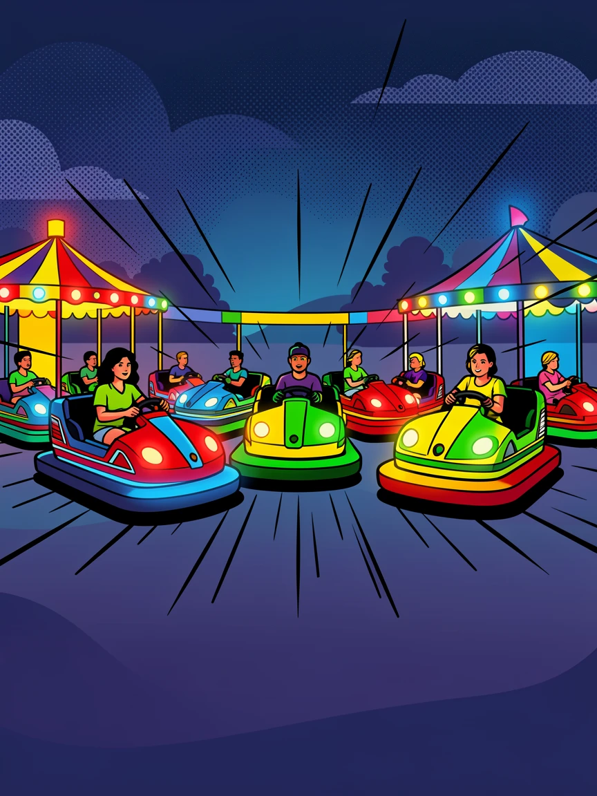 A row of bumper cars lit with illuminated lights at night
