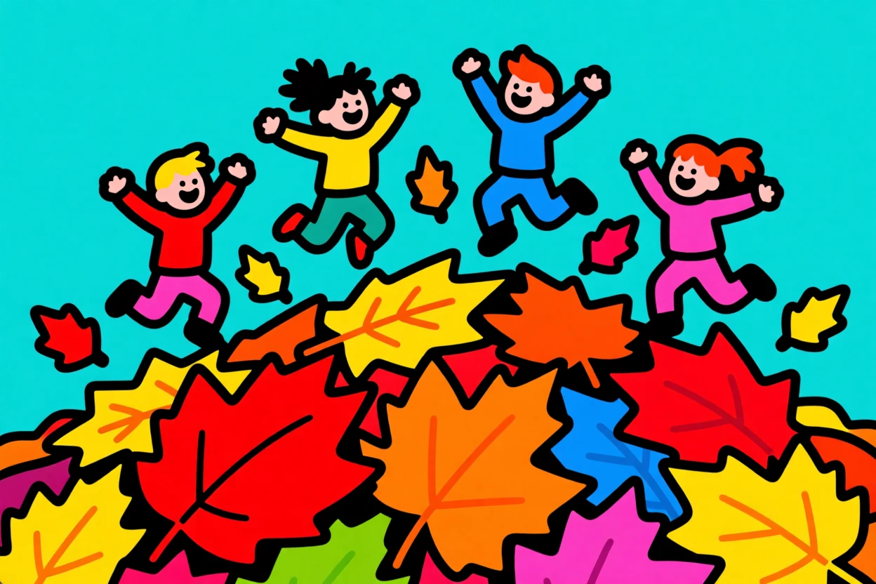 Autumn leaf pile with kids jumping in