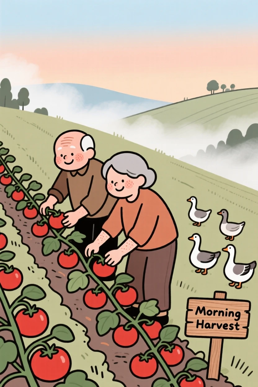 A elderly couple tends rows of ripening tomatoes on a hillside field as geese wander nearby and the morning mist begins to lift.