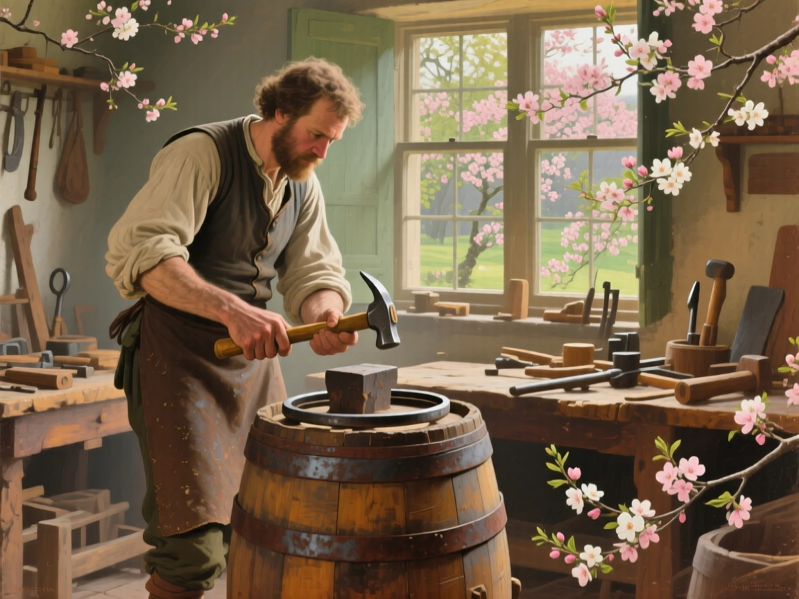 A centered composition of a cooper hammering hoops onto a wooden barrel, in the 18th century, as spring blossoms open.
