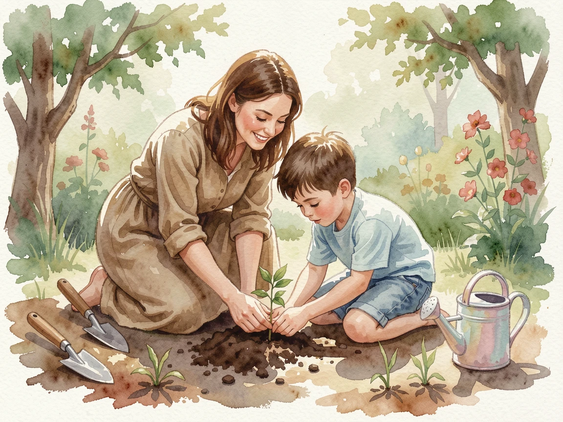 A mother teaching her son to plant a garden with warm smiles all around.