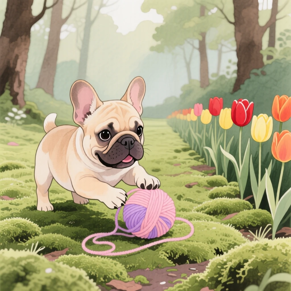 A French bulldog puppy plays with a ball of yarn in a mossy forest clearing, beside a row of blooming tulips