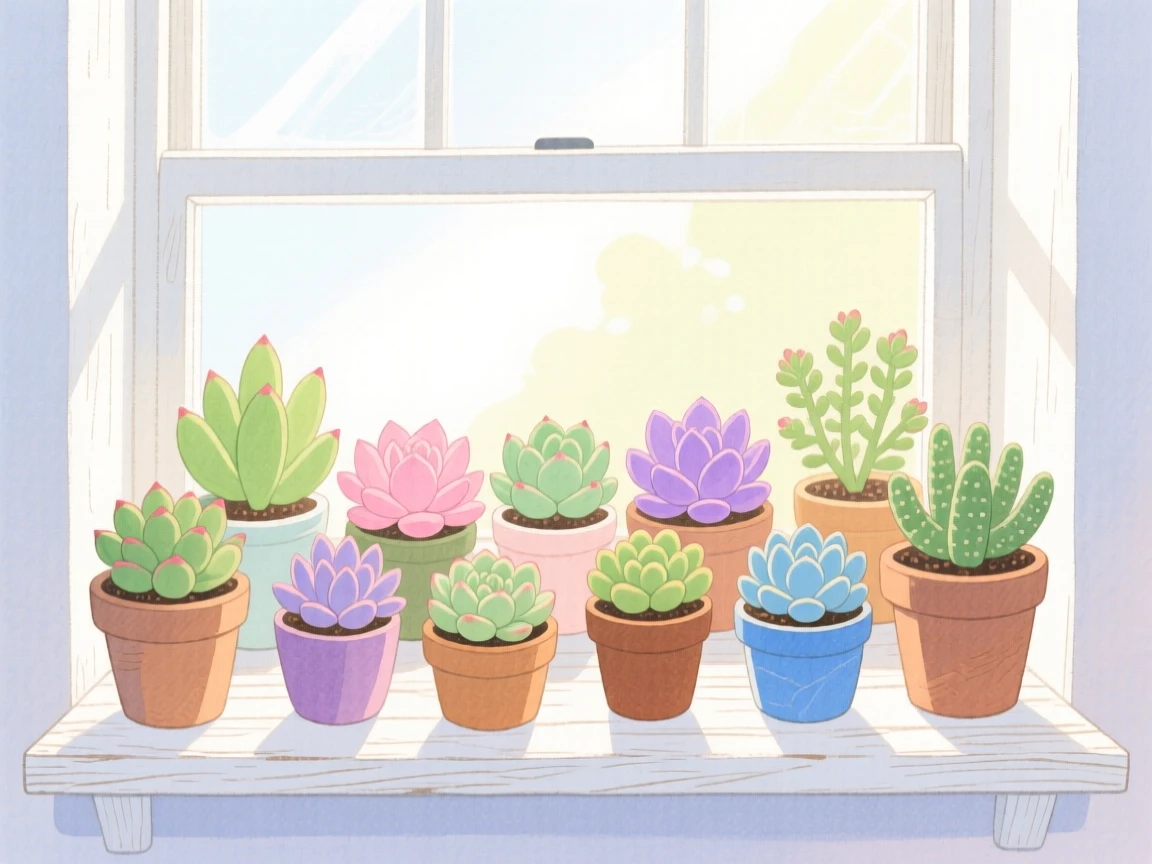 A windowsill of potted succulents, vivid and full of life.