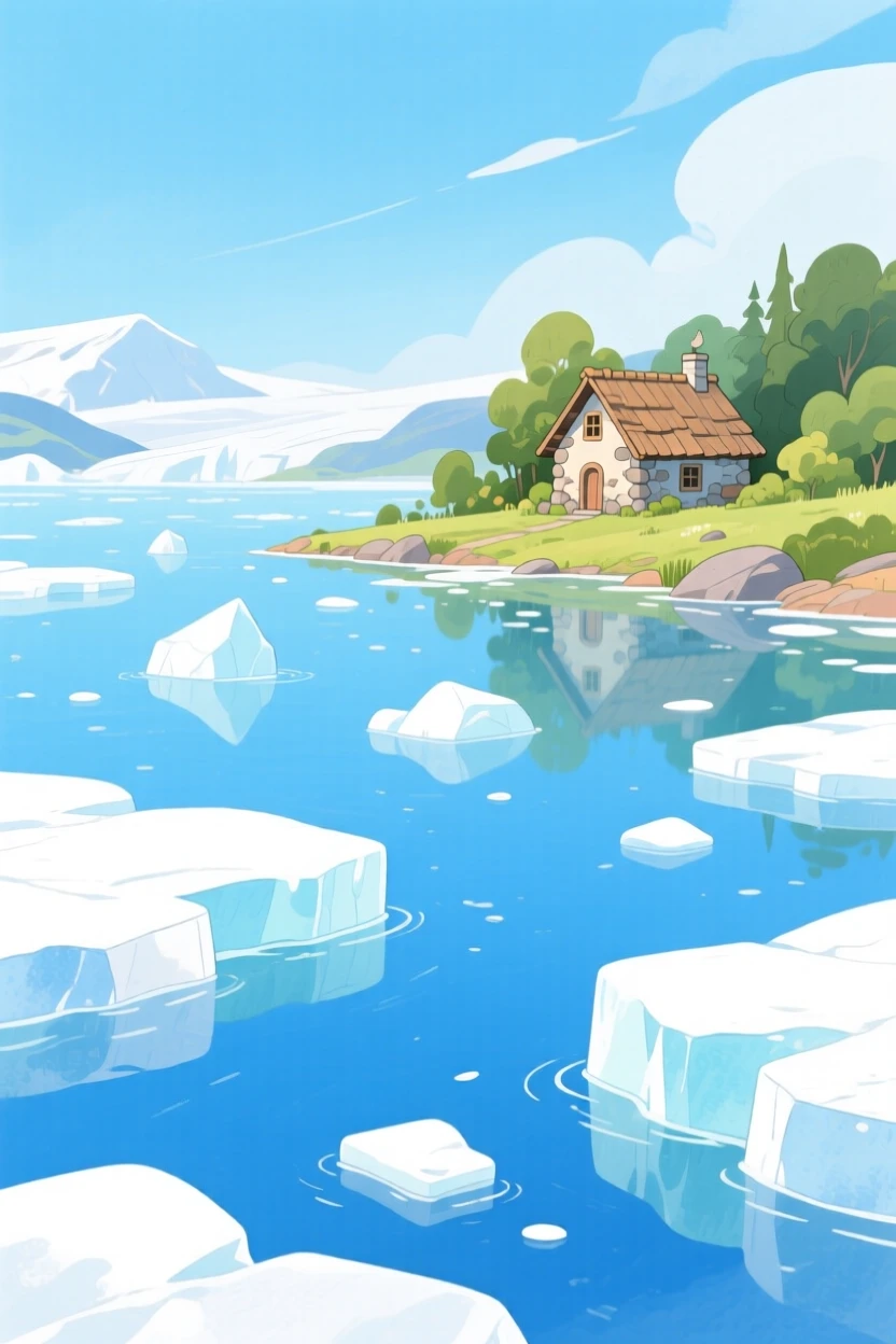 A glacier lake with icebergs floating in blue water, with a small stone cottage nestled in the distance, radiating natural splendor and tranquility.