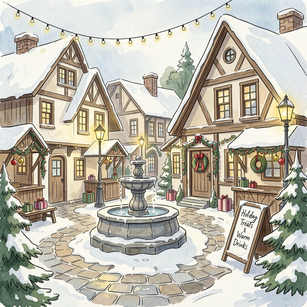 A snow-covered village square decorated with twinkling holiday lights, small decorative details adding charm throughout.