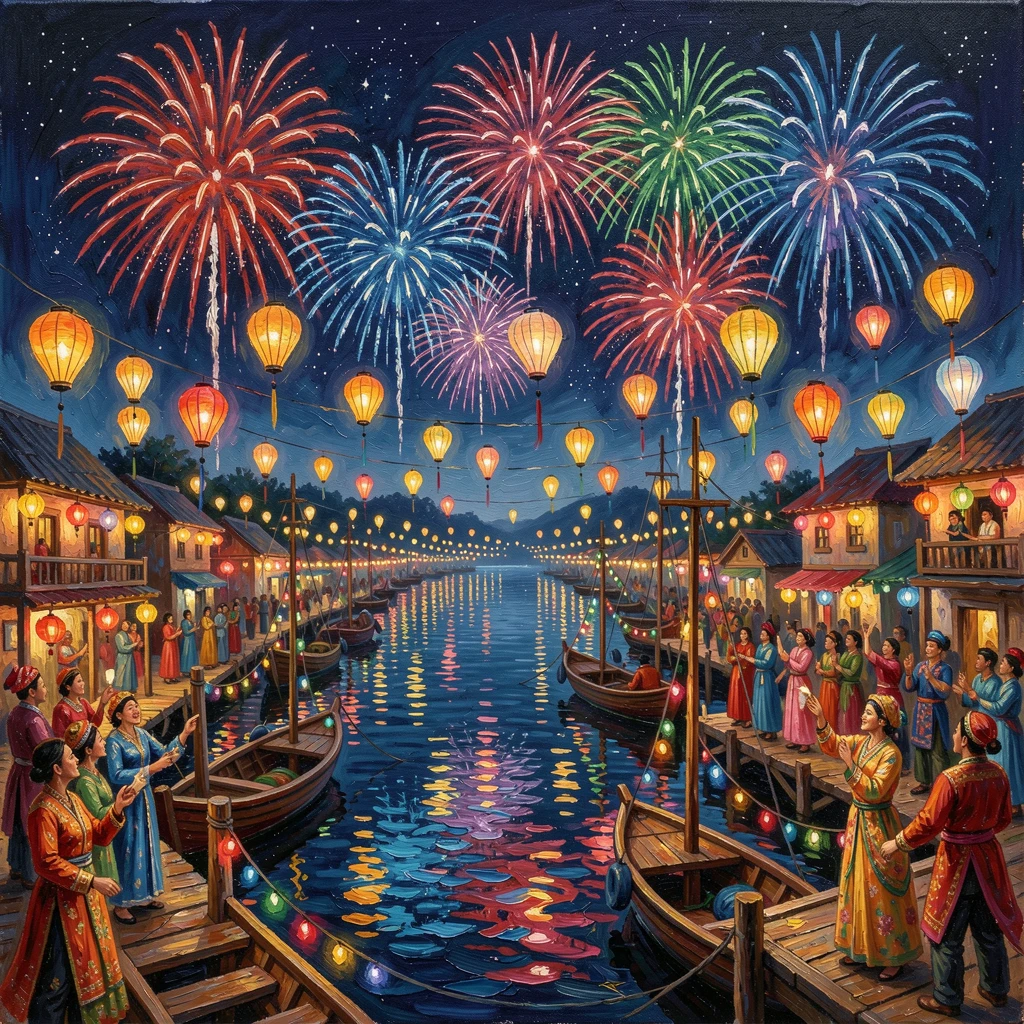 A lantern festival filling the night sky with floating light, fireworks reflecting off the water below, along a harbor lit up for a nighttime celebration, under a clear night sky filled with bursts of color.