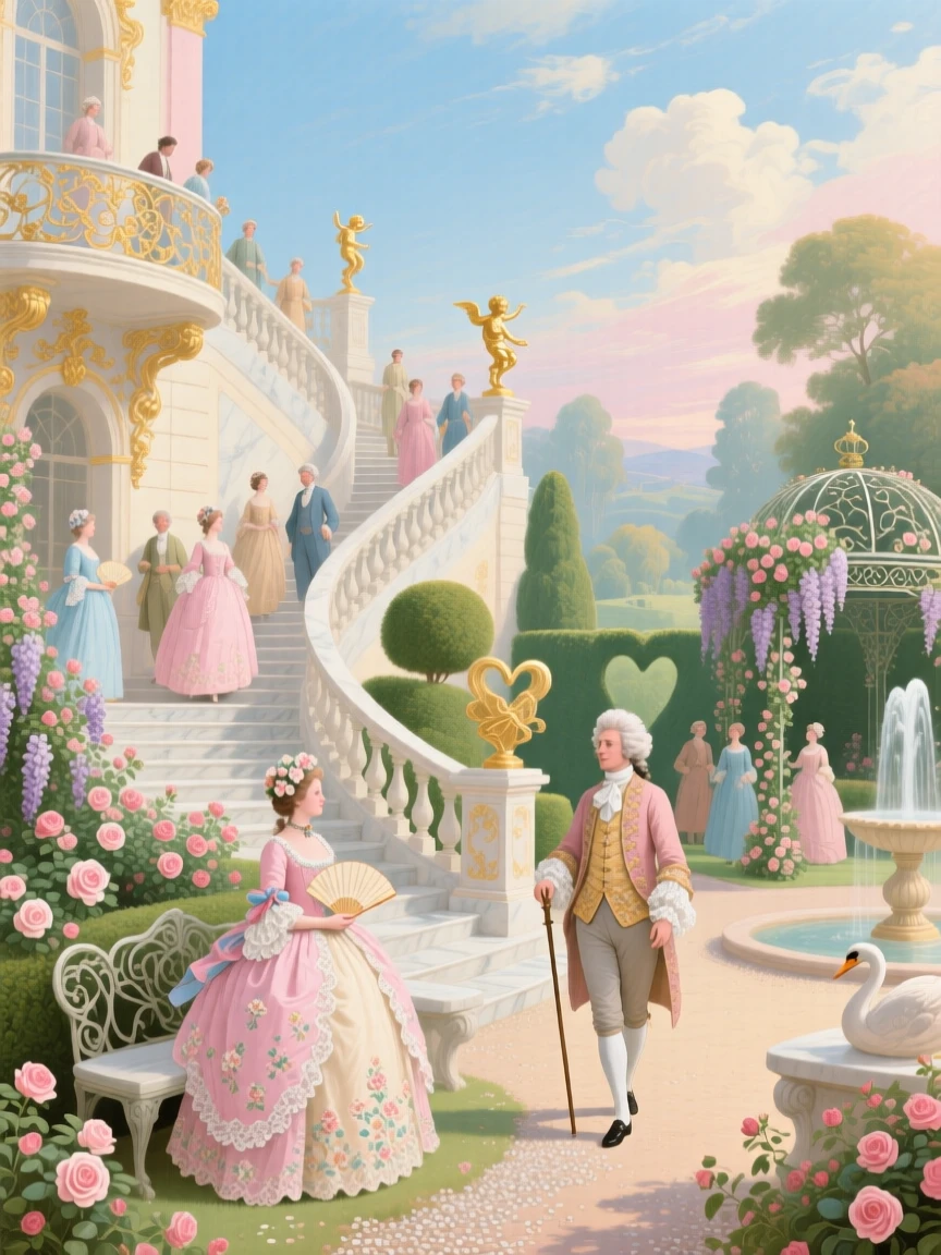 A grand staircase descending to a palace garden filled with guests  