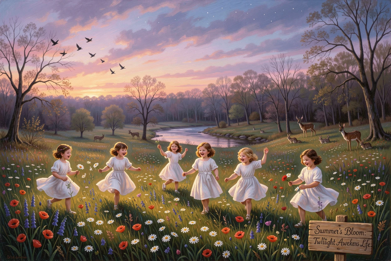 Children bloom along a summer meadow at twilight as the world awakens after winter.
