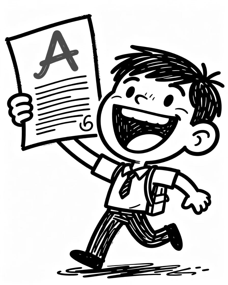 A student proudly holding up a test with a big red A at the top.