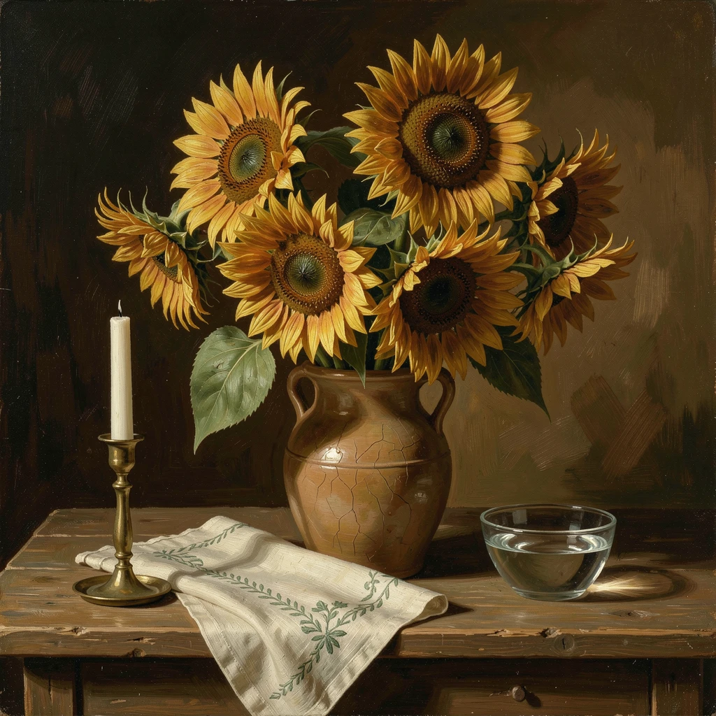 A grand bouquet of sunflowers arranged in a rustic ceramic vase, surrounded by tasteful, understated decorative details, evoking elegance, refinement, and quiet luxury