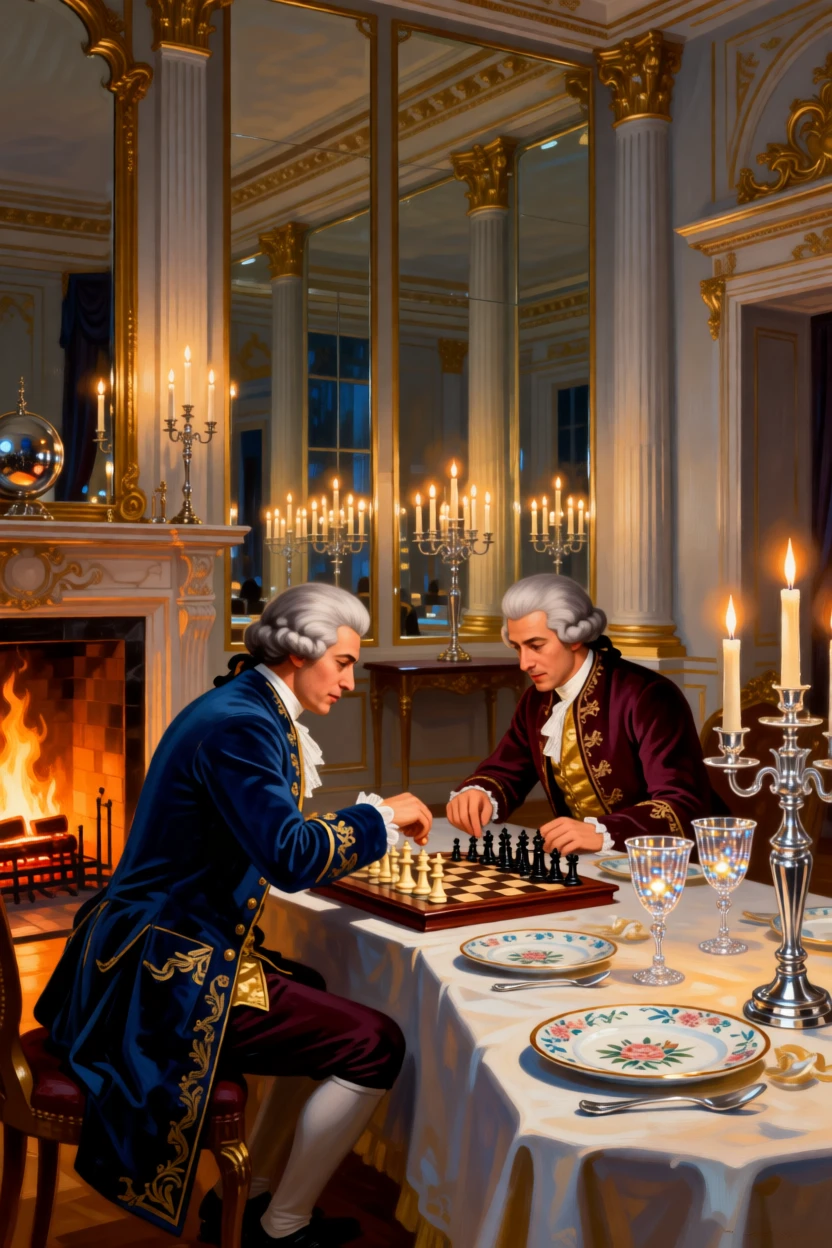 Noblemen playing chess beside a roaring fireplace amid the elegant bustle of a formal evening, set within a mirrored ballroom lit by hundreds of candles, with fine china, crystal goblets, and candelabras adorning the table; rich architectural framing lends grandeur without crowding the figures, evoking refinement, tradition, and quiet opulence.