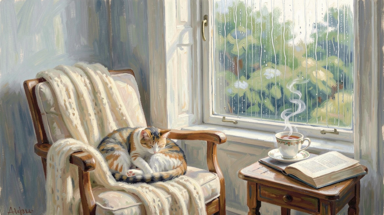 A cozy reading nook by a rain-streaked window, a cup of tea steaming beside an open book and a sleeping cat, conveying a feeling of romance and tranquility.