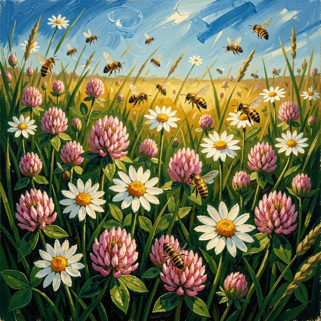 A meadow of wild clover and daisies buzzing with bees on a warm afternoon.