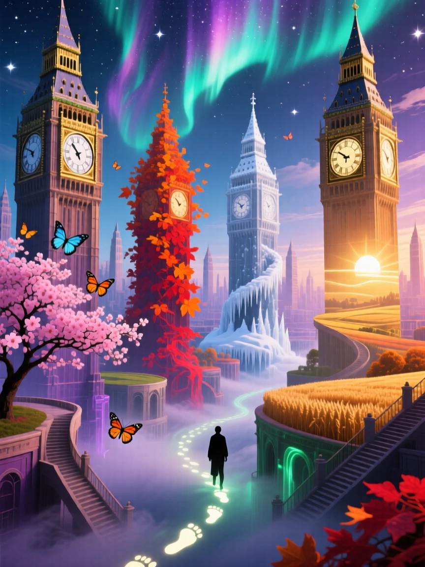A clock tower whose face shows a different season on each side repeats itself endlessly in every direction, while echoes of footsteps arrive before they are taken.