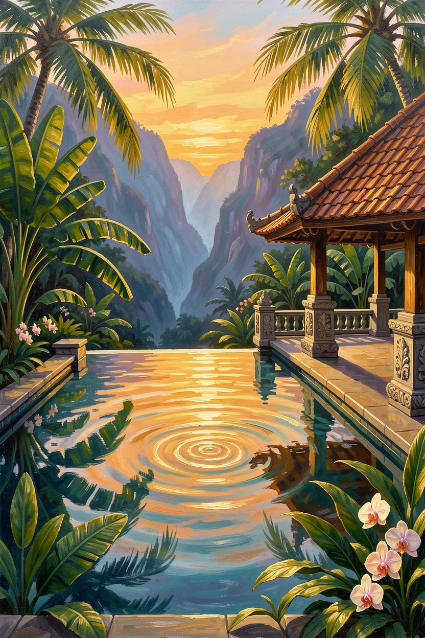 A luxurious infinity pool overlooks a jungle canyon in Bali, tropical foliage framing the view as golden sunset light reflects on the still water, small architectural details rewarding a closer look at the surrounding structures.