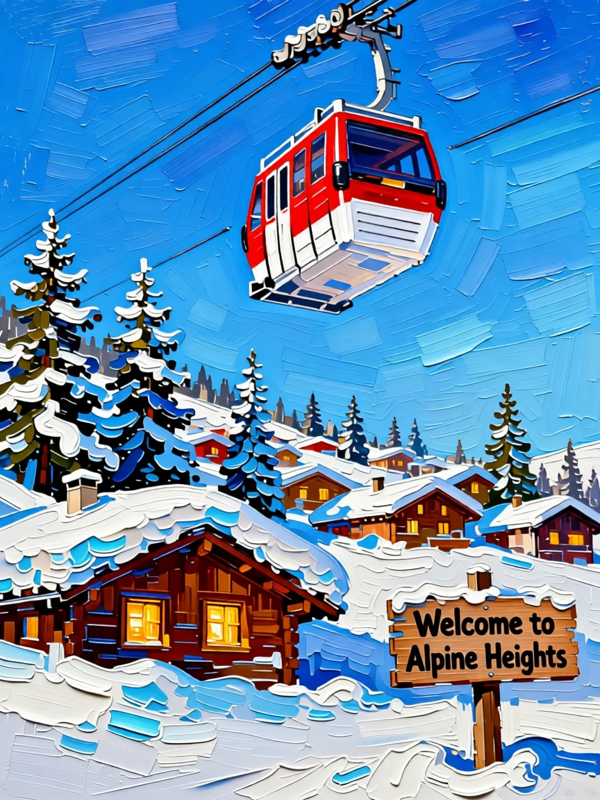 A cable car climbing steeply above a snow-covered alpine village