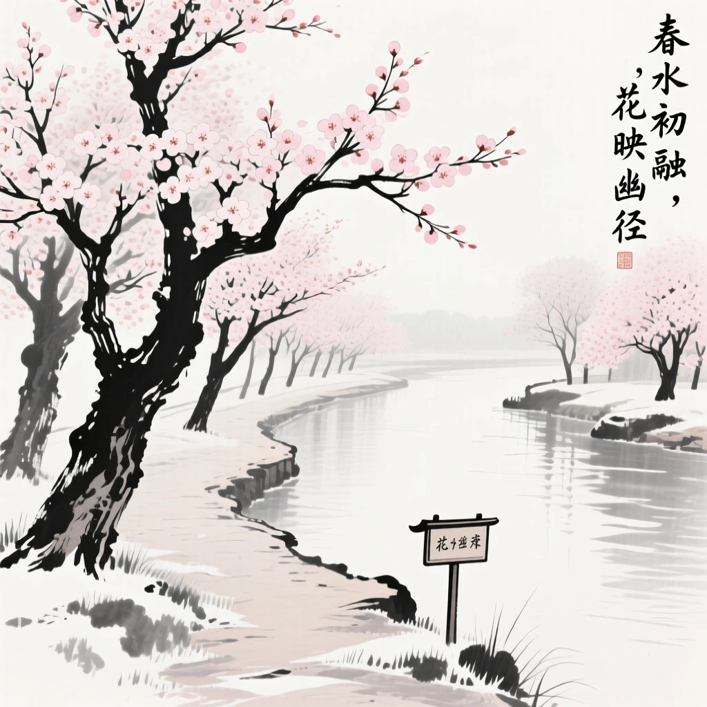 Cherry blossoms bloom in full along a quiet riverside path, as the last patches of winter frost melt away.