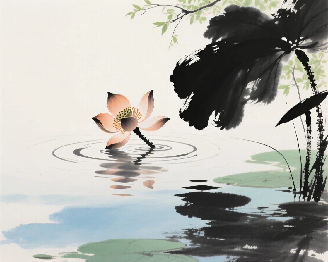 A single blossom floating on the surface of a still pond, as spring blossoms unfold.