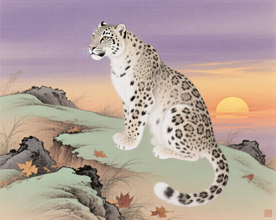 A snow leopard watching the sunset from a hillside