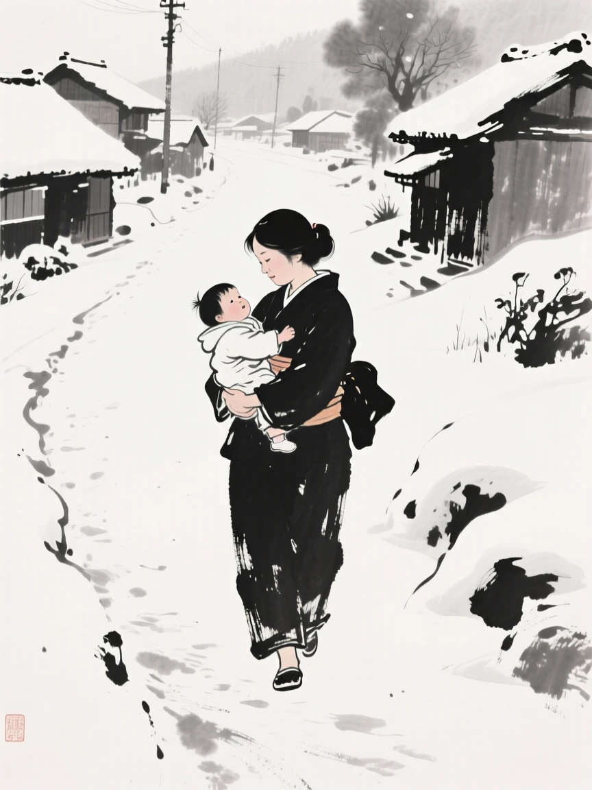 A mother carrying her child home along a snowy village path, framed intimately, focusing on quiet gesture and expression, capturing an everyday moment full of gentle humanity.