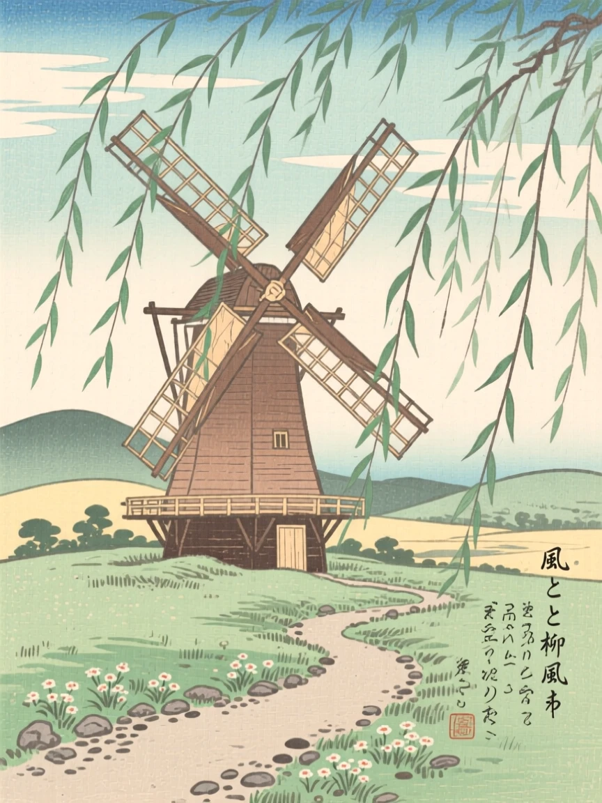 A lone countryside windmill lined with trailing willow branches.