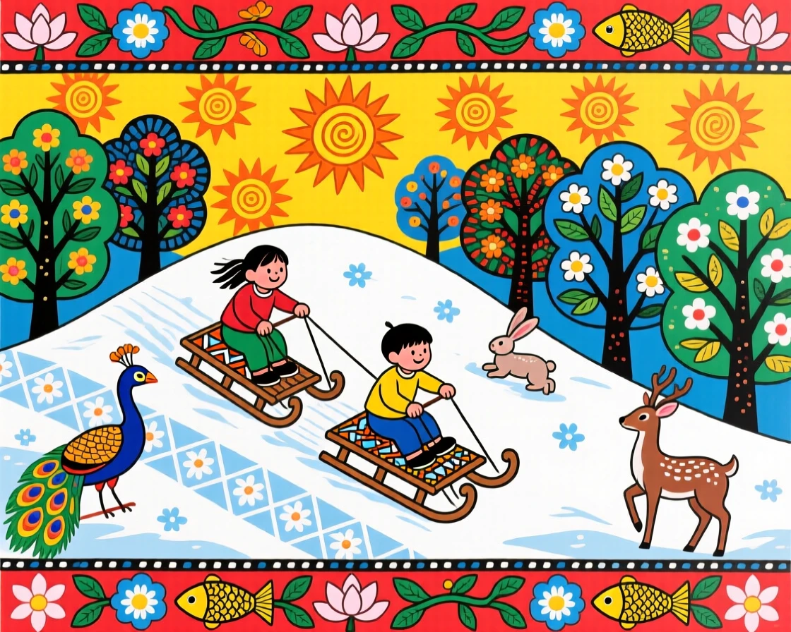 Children sledding down a gentle hill on a bright winter afternoon.
